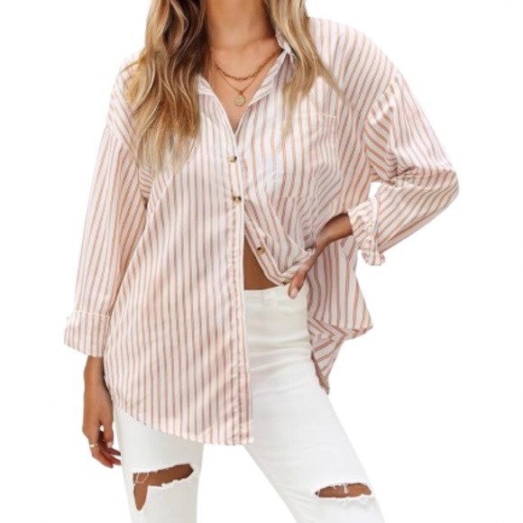 Women's Striped Button Down Casual Long Sleeve Blouse Top - Picture 1 of 9